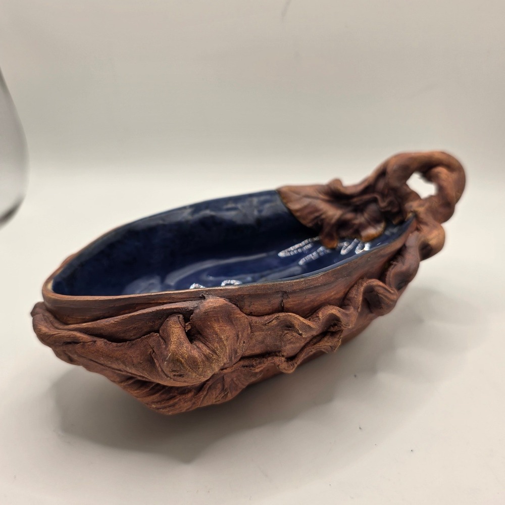 Terajima Studio Pottery Blue Glaze Wood Texture Bowl Signed 1996 USA Art Pottery